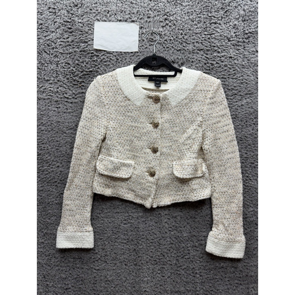St. John Linen-Blend Tweed Button Cropped Jacket Beige Womens Size 8